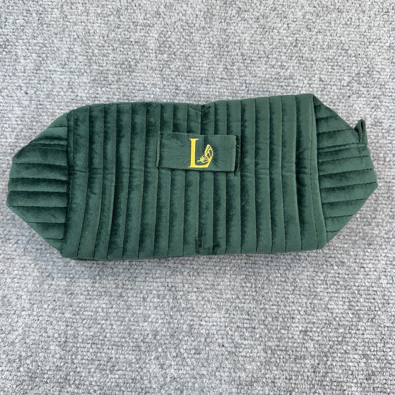 Monogram L Green Velvet Quilted Cosmetic Makeup Bag Travel Pouch Zipper